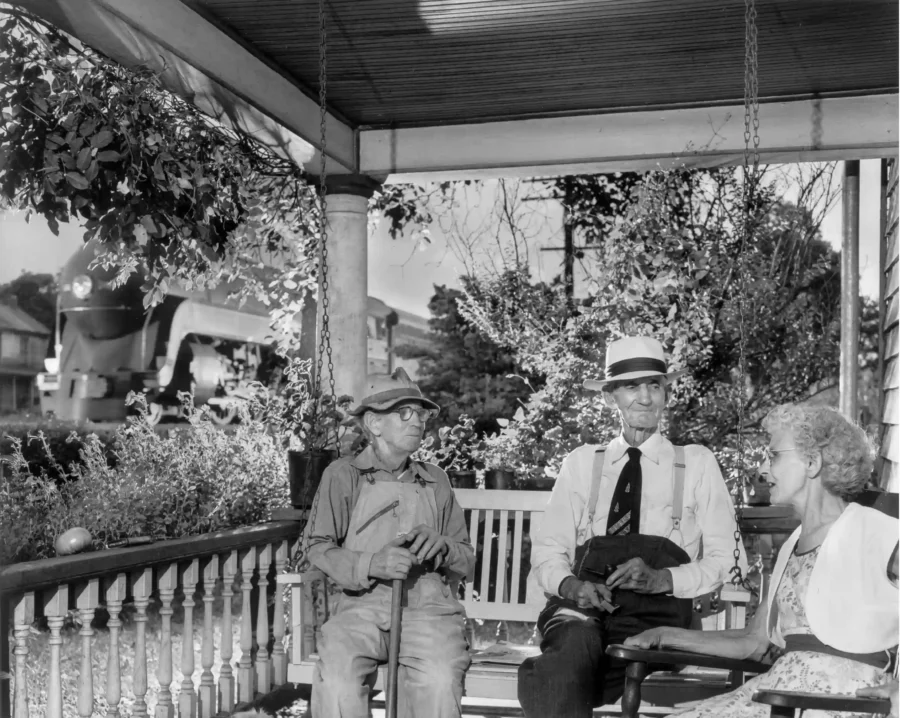 O. Winston Link poster showing a porch scene in Lithia, New York with rail-era calm.