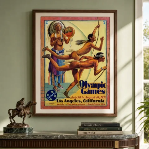 Santa Fe Railroad Poster with 1932 Santa Fe Railroad advertising with rail travel theme, MerchFuse vintage advertising wall