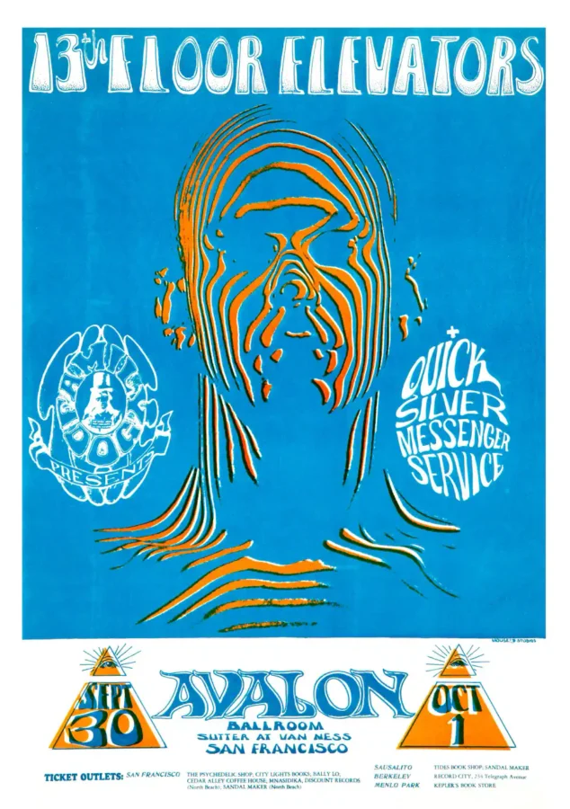 13th Floor Elevators 1966 "Zebra Man" Avalon Poster featuring white, blue, and teal vertical artwork.