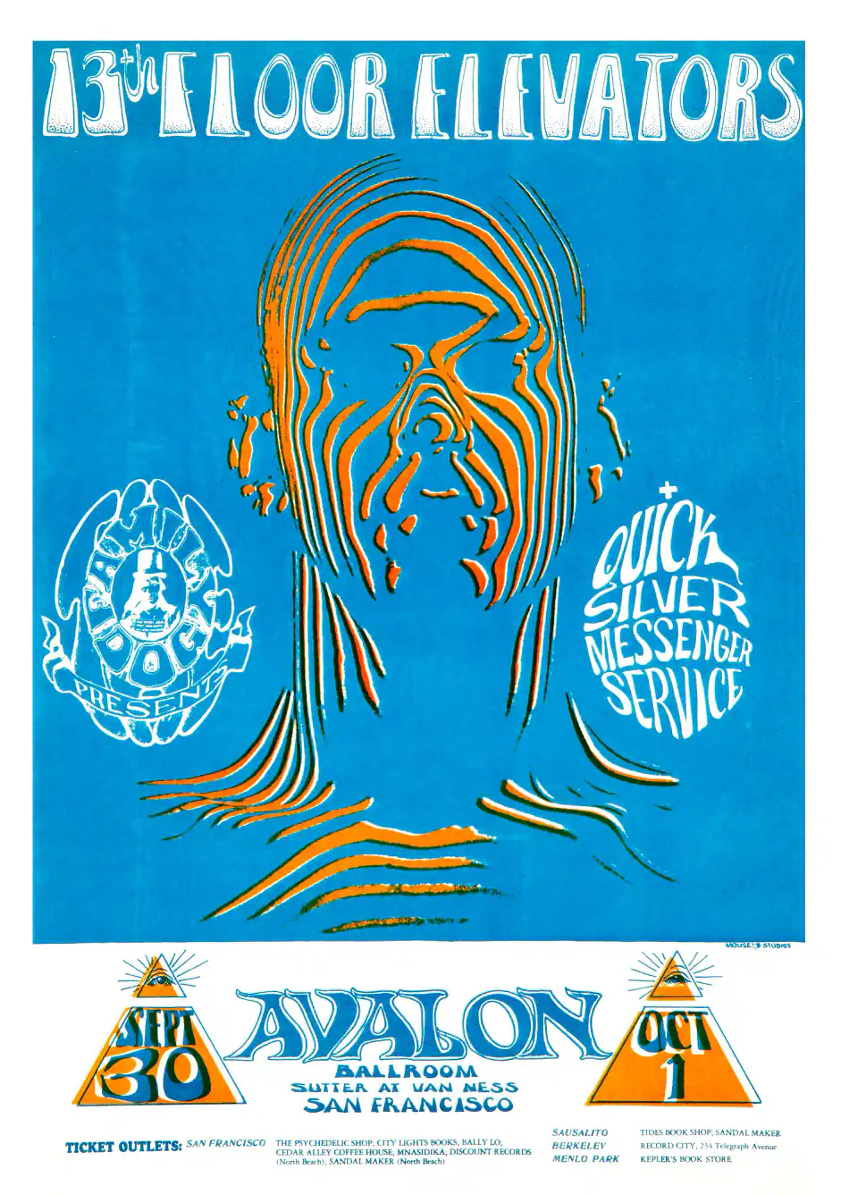 13th Floor Elevators 1966 "Zebra Man" Avalon Poster featuring white, blue, and teal vertical artwork.