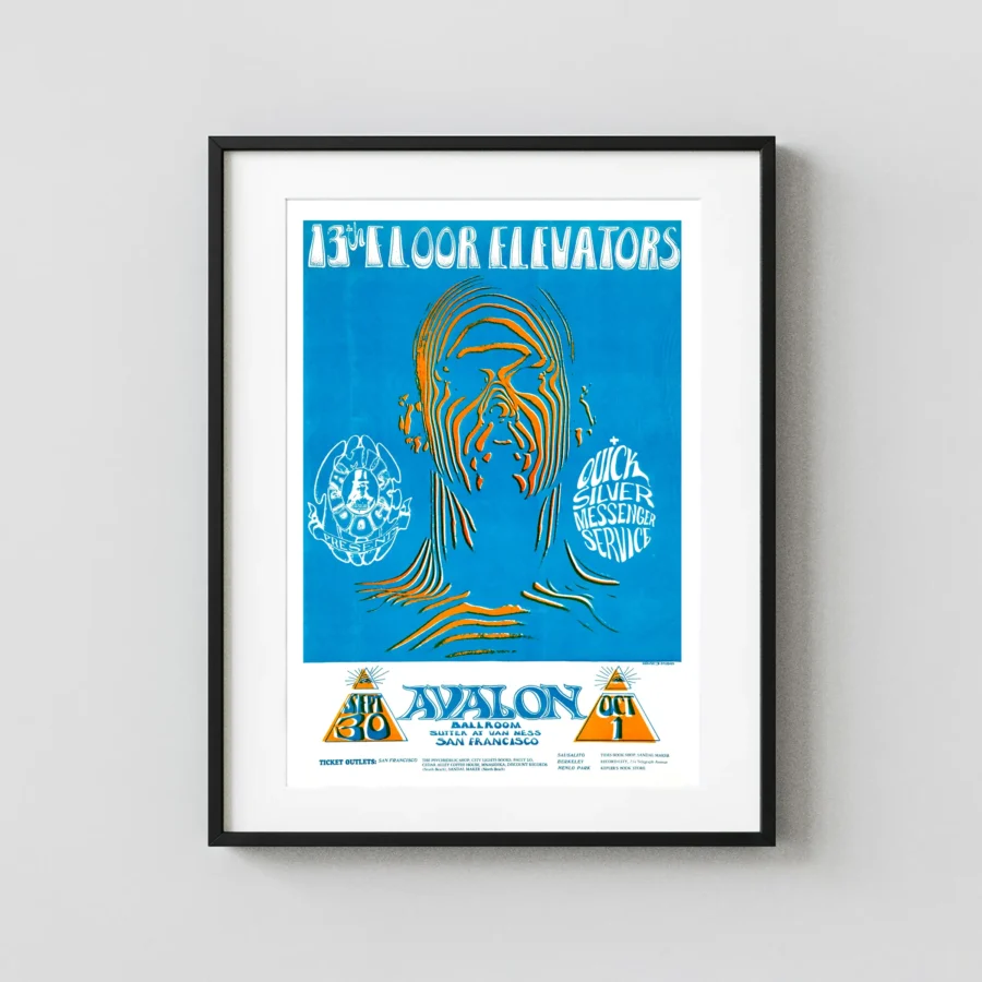 13th Floor Elevators 1966 "Zebra Man" Avalon Poster featuring white, blue, and teal vertical artwork.