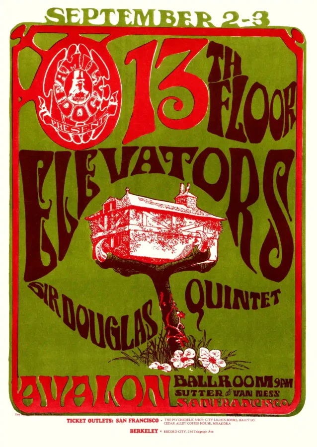 13th Floor Elevators 1966 Avalon Ballroom Concert Poster featuring yellow, white, and burgundy vertical artwork.