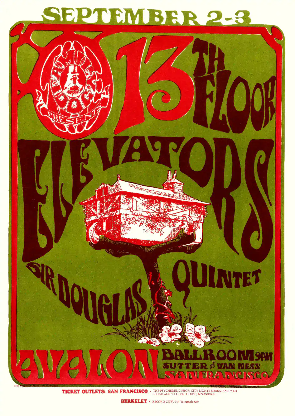 13th Floor Elevators 1966 Avalon Ballroom Concert Poster featuring yellow, white, and burgundy vertical artwork.