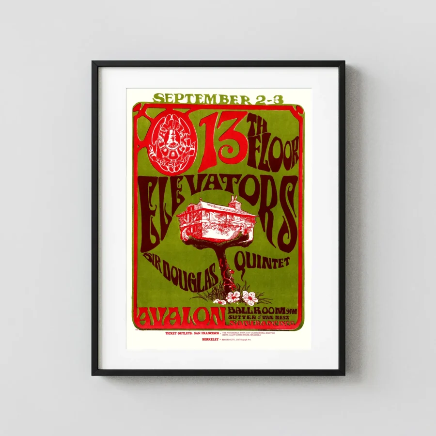 13th Floor Elevators 1966 Avalon Ballroom Concert Poster featuring yellow, white, and burgundy vertical artwork.
