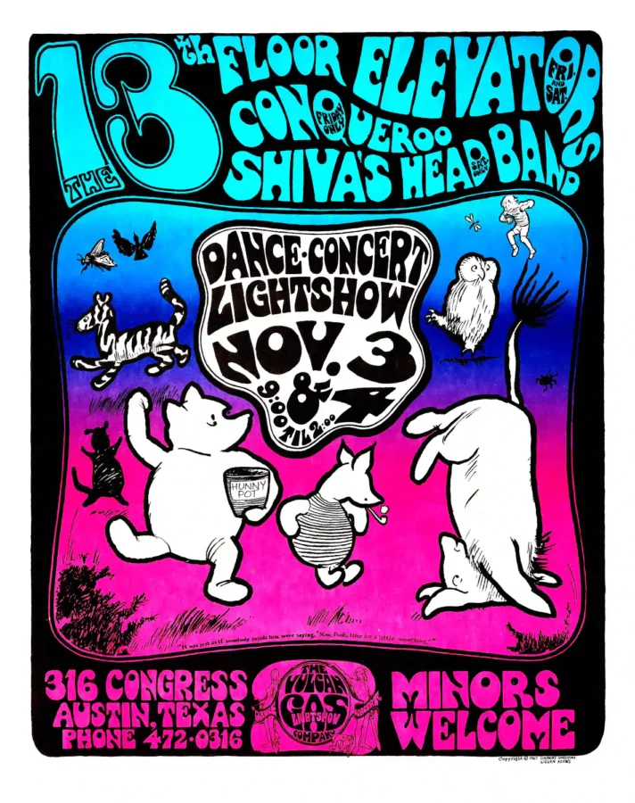 13th Floor Elevators 1967 Vulcan Gas Company Austin, TX Concert Poster featuring white, black, and gray vertical artwork.
