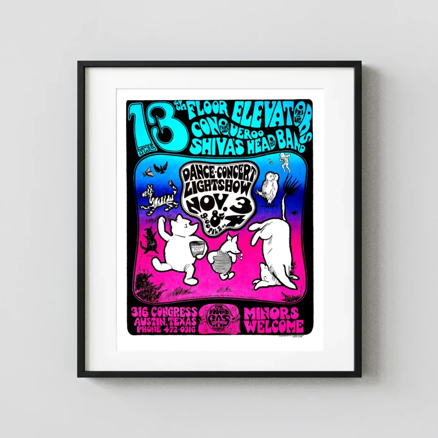 13th Floor Elevators 1967 Vulcan Gas Company Austin, TX Concert Poster featuring white, black, and gray vertical artwork.