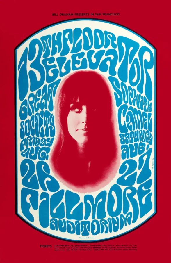 13th Floor Elevators, Great Society 1966 Fillmore Auditorium Concert Poster featuring red, blue, and white vertical artwork.