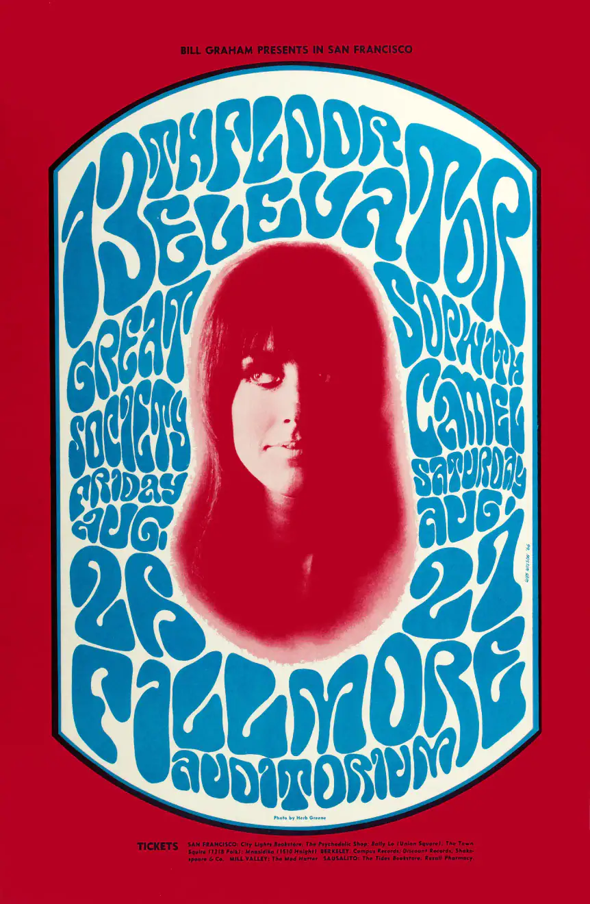 13th Floor Elevators, Great Society 1966 Fillmore Auditorium Concert Poster featuring red, blue, and white vertical artwork.