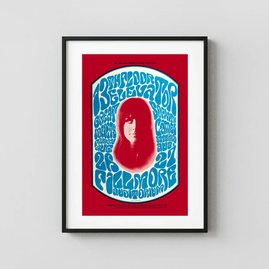 13th Floor Elevators, Great Society 1966 Fillmore Auditorium Concert Poster featuring red, blue, and white vertical artwork.