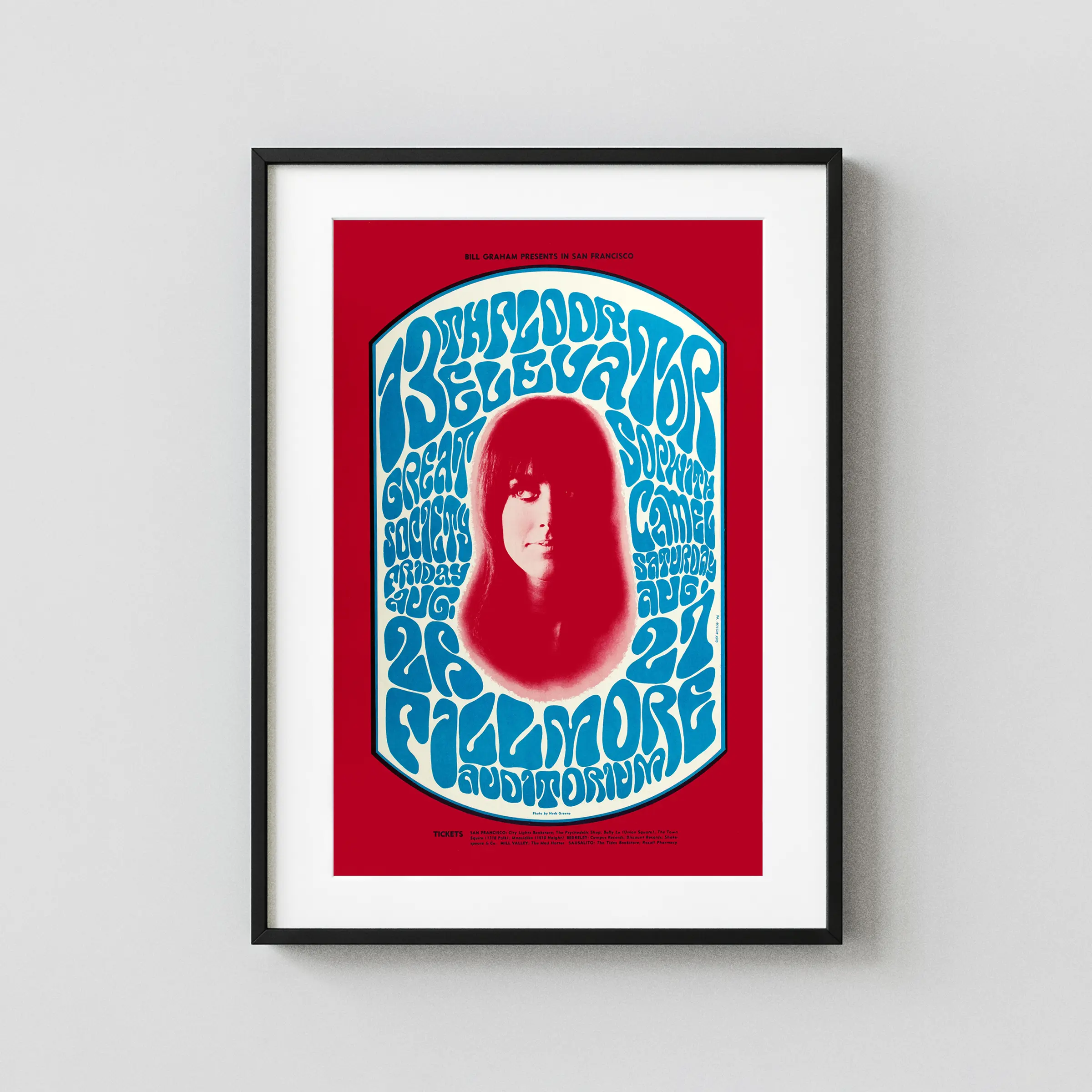13th Floor Elevators, Great Society 1966 Fillmore Auditorium Concert Poster featuring red, blue, and white vertical artwork.