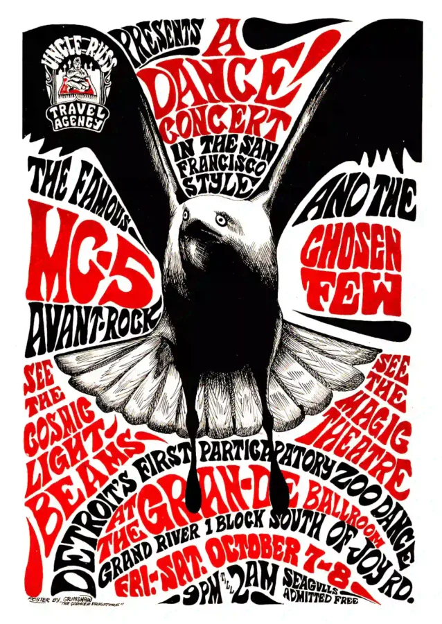 1966 "Seagull" Grande Ballroom Concert Poster featuring white, black, and slate gray vertical artwork.
