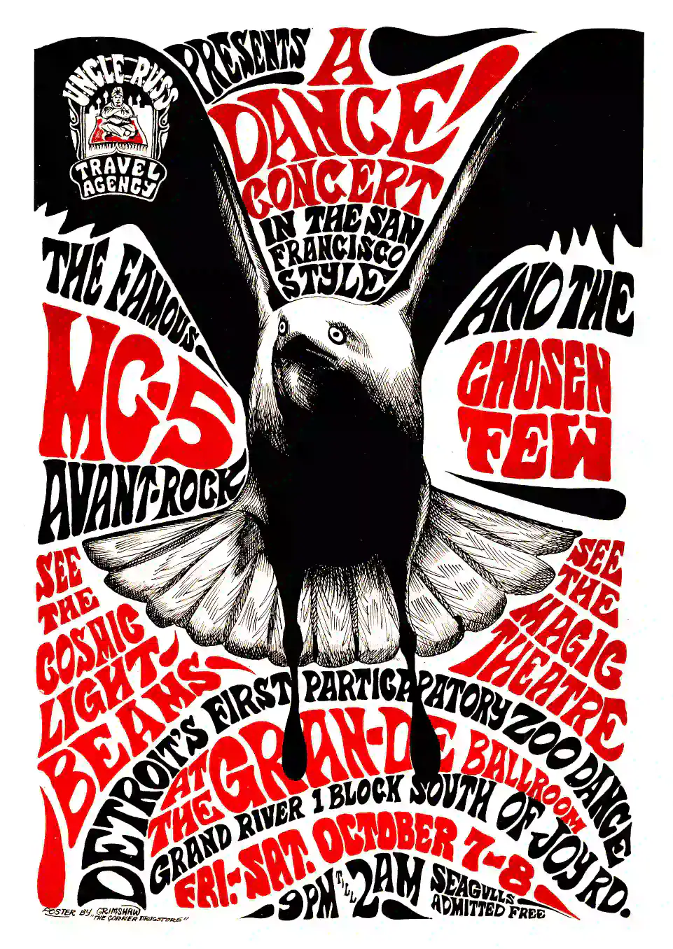 1966 "Seagull" Grande Ballroom Concert Poster featuring white, black, and slate gray vertical artwork.