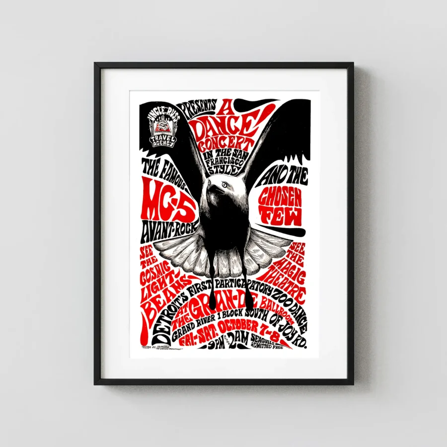 1966 "Seagull" Grande Ballroom Concert Poster featuring white, black, and slate gray vertical artwork.