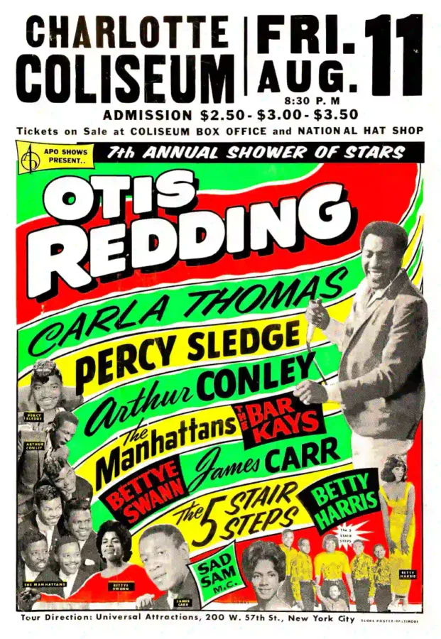 Otis Redding Charlotte Coliseum Concert Poster 1967 featuring white, light gray, and gray vertical artwork.