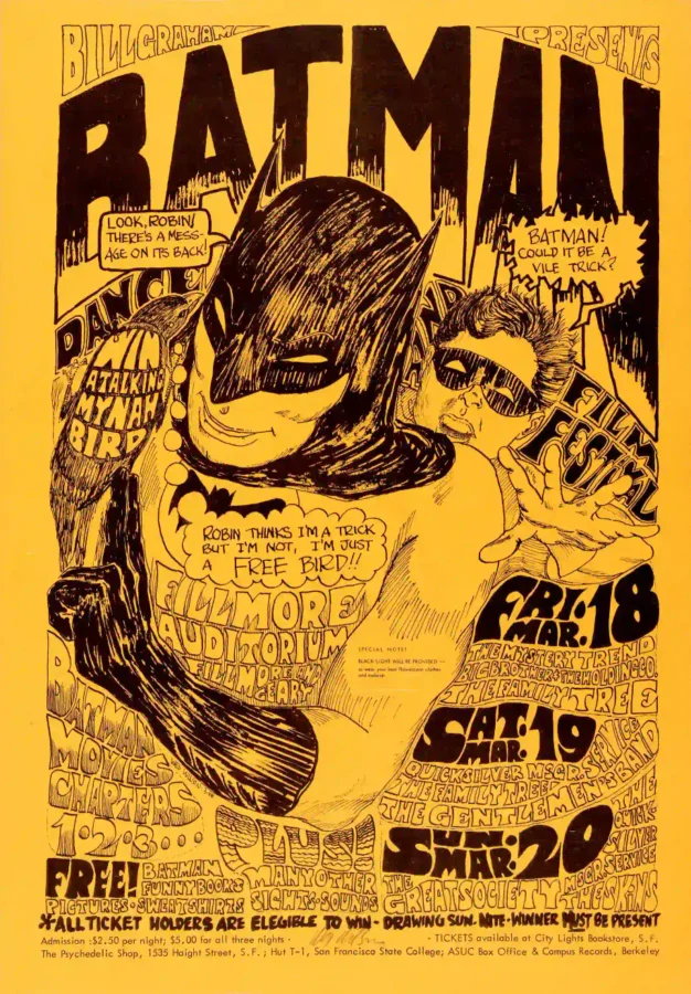 "Batman" Early Fillmore Auditorium Concert Poster featuring yellow, brown, and black vertical artwork.