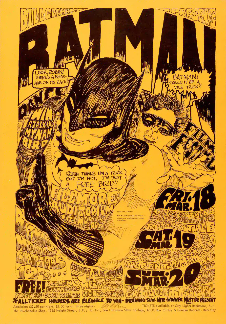 "Batman" Early Fillmore Auditorium Concert Poster featuring yellow, brown, and black vertical artwork.
