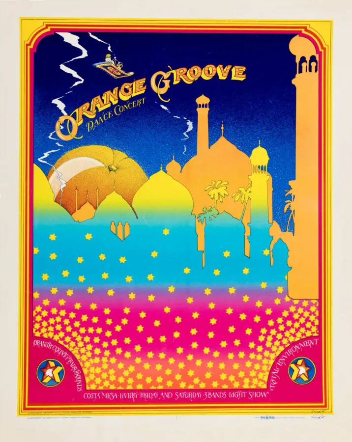 "Orange Groove" 1968 Costa Mesa, CA Concert Poster featuring light gray, navy, and teal vertical artwork.