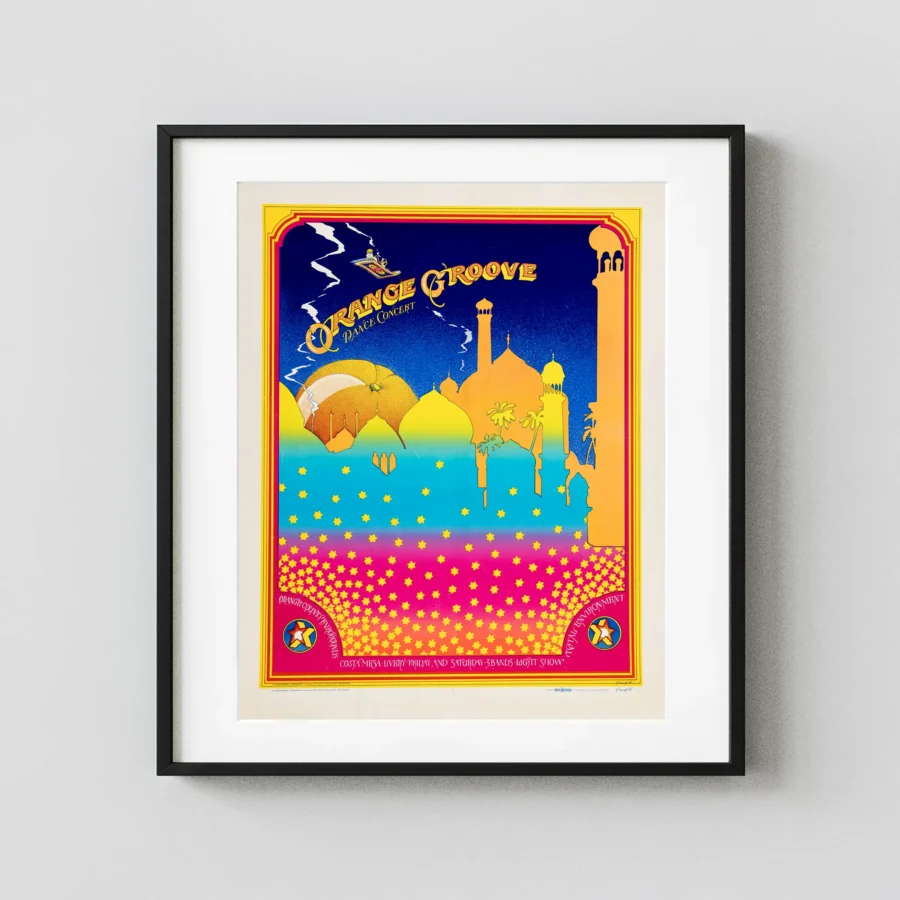 "Orange Groove" 1968 Costa Mesa, CA Concert Poster featuring light gray, navy, and teal vertical artwork.