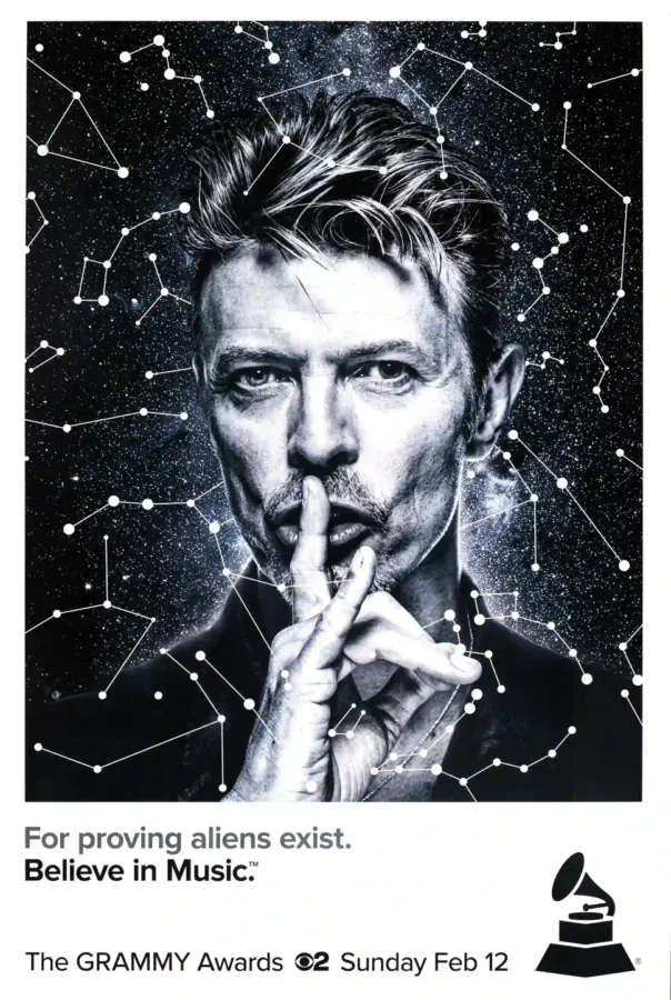 59th Annual Grammy Awards- David Bowie (CBS, 2017) Music Poster featuring white, black, and light gray vertical artwork.