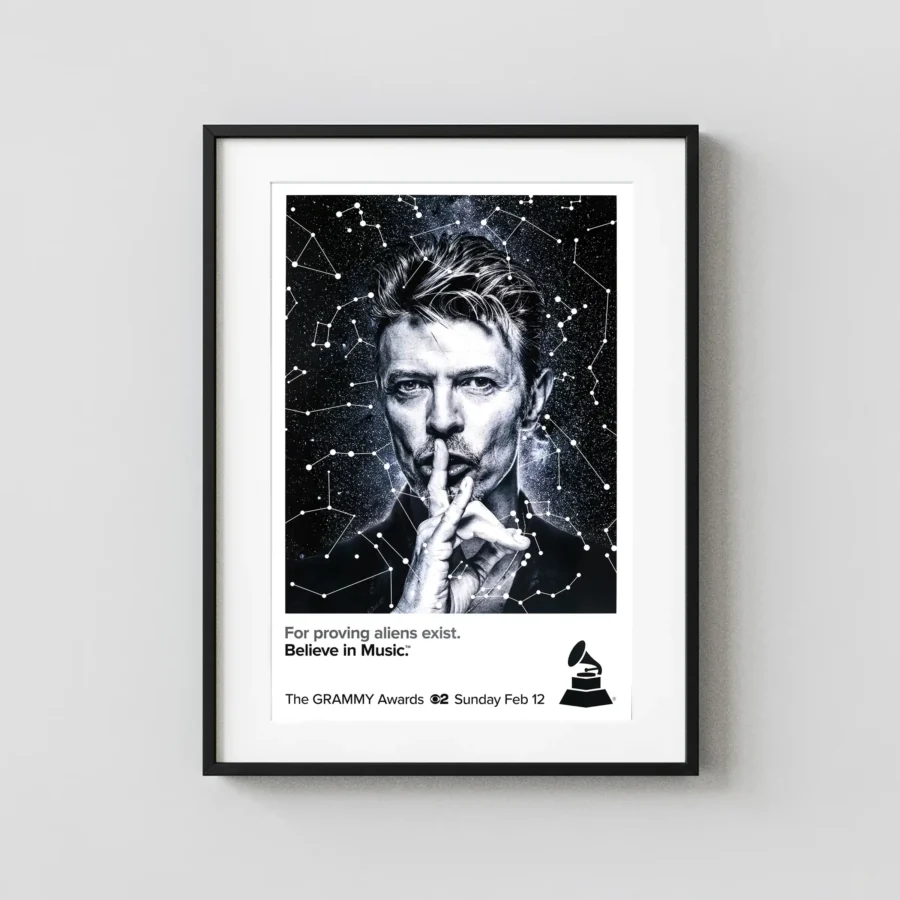 59th Annual Grammy Awards- David Bowie (CBS, 2017) Music Poster featuring white, black, and light gray vertical artwork.