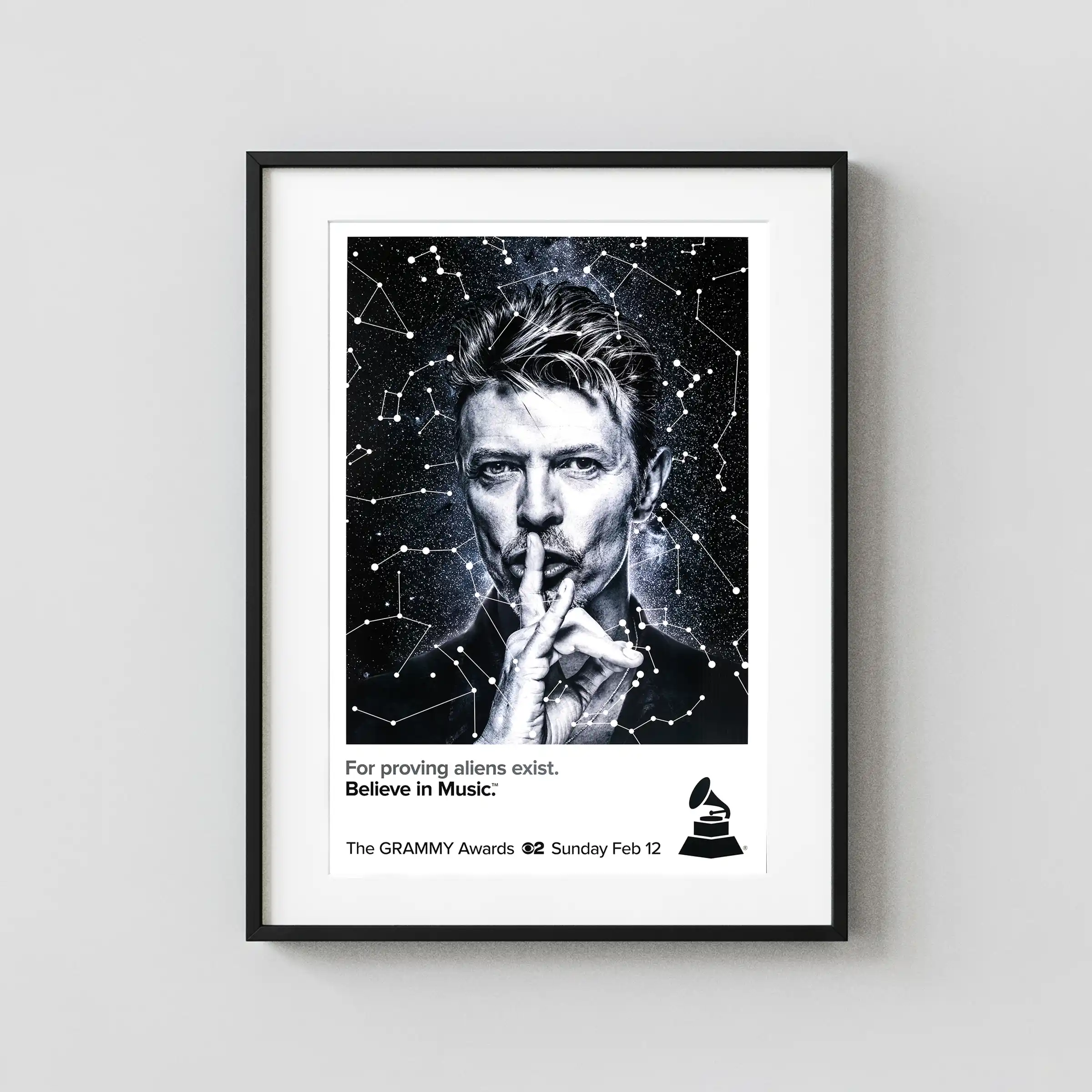59th Annual Grammy Awards- David Bowie (CBS, 2017) Music Poster featuring white, black, and light gray vertical artwork.