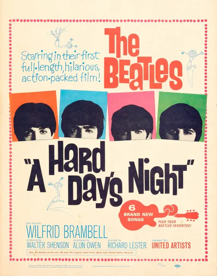 A Hard Day's Night (United Artists, 1964) Music Poster featuring cream, charcoal, and rose vertical artwork.