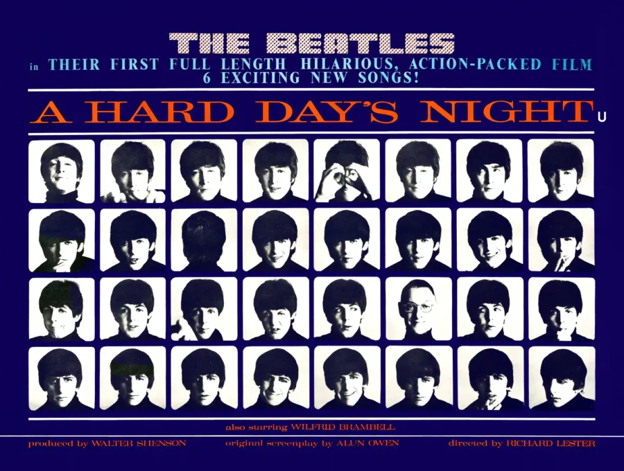 A Hard Day's Night (United Artists, 1964) Music Poster featuring white, light gray, and navy vertical artwork.