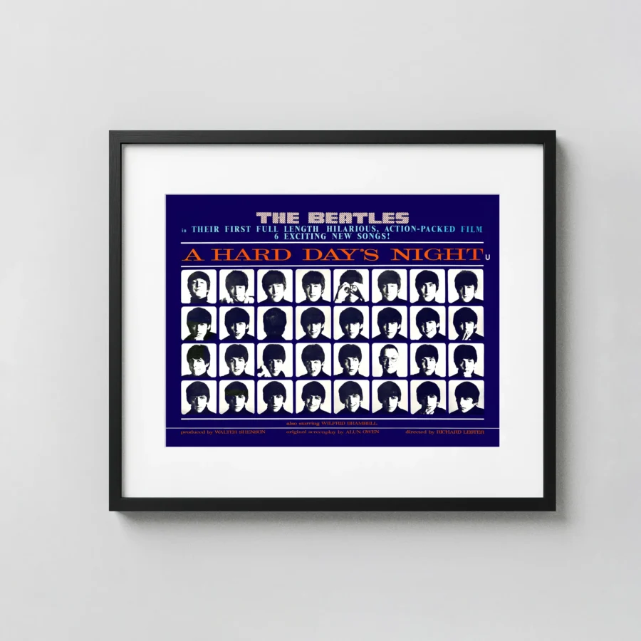 A Hard Day's Night (United Artists, 1964) Music Poster featuring white, light gray, and navy vertical artwork.