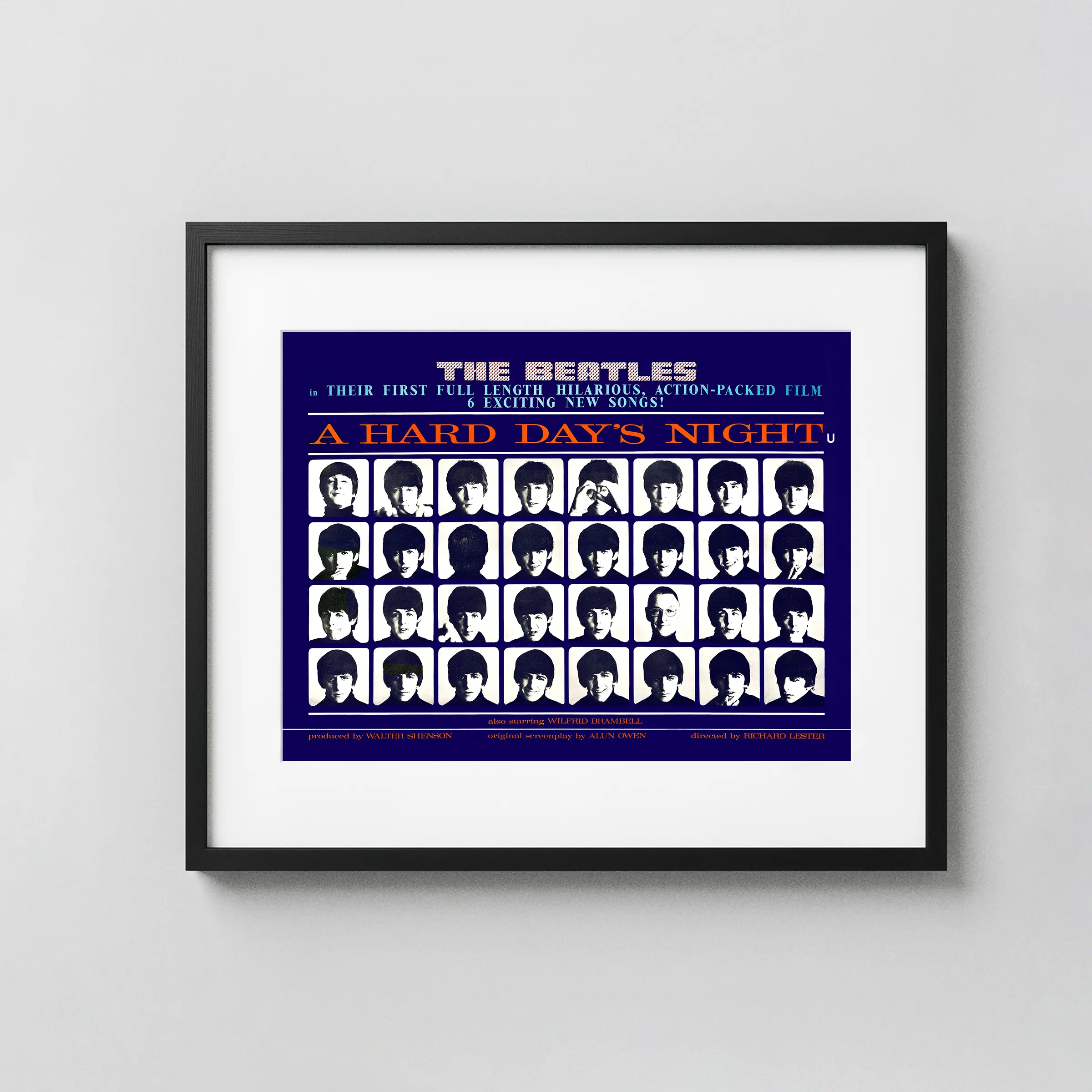 A Hard Day's Night (United Artists, 1964) Music Poster featuring white, light gray, and navy vertical artwork.