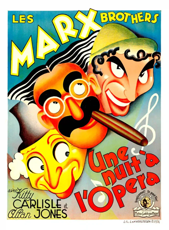 A Night at the Opera (MGM, 1935) Music Poster featuring white, black, and light gray vertical artwork.