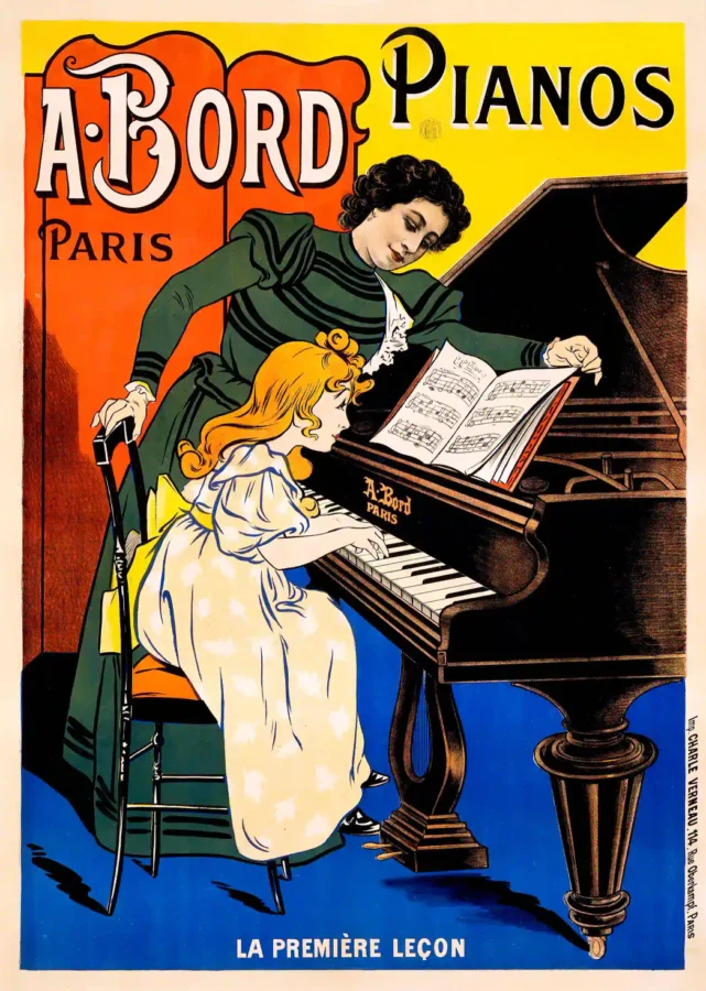A. Bord Pianos - La Première Leçon Music Poster featuring black, blue, and orange vertical artwork.