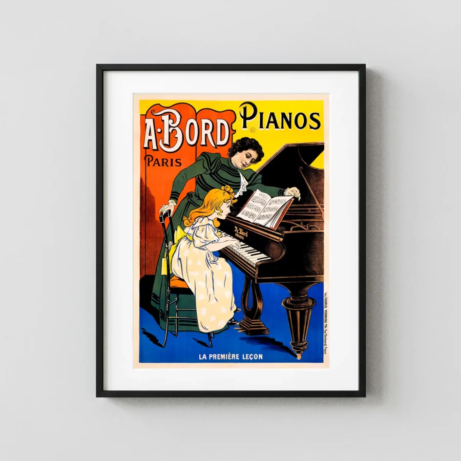 A. Bord Pianos - La Première Leçon Music Poster featuring black, blue, and orange vertical artwork.