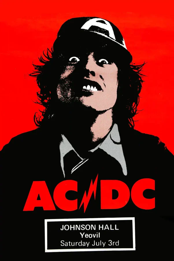 AC/DC 1976 British First-Album Tour Poster featuring black, red, and white vertical artwork.