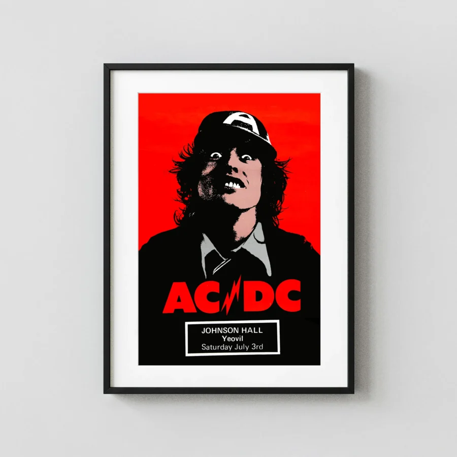 AC/DC 1976 British First-Album Tour Poster featuring black, red, and white vertical artwork.