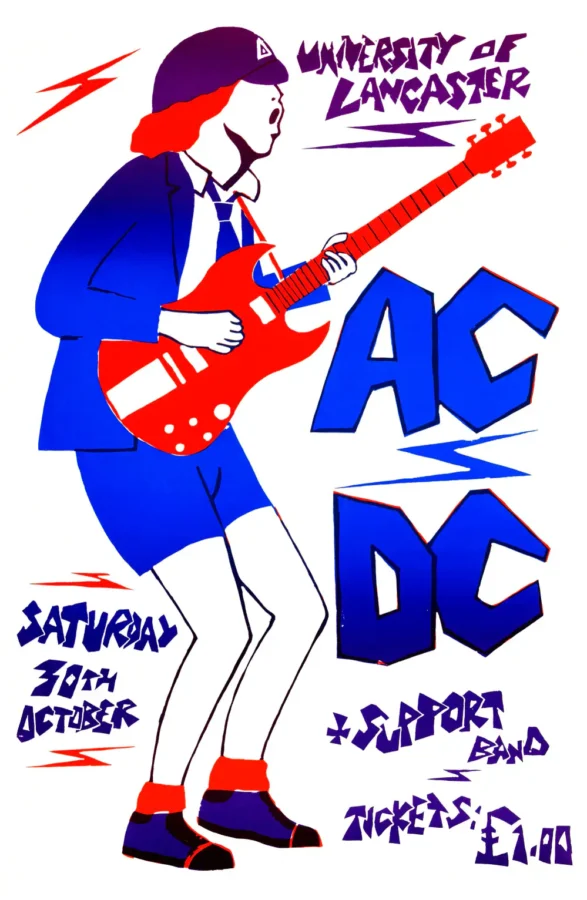 AC/DC poster with white, blue, and red artwork and period lettering.