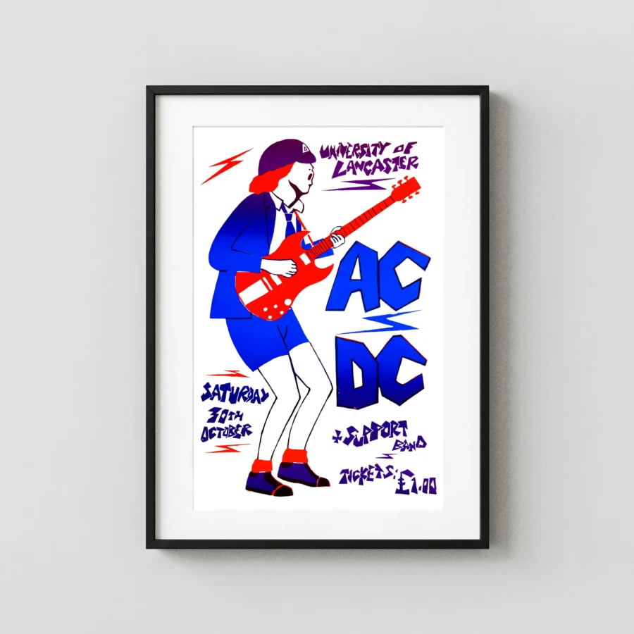 AC/DC poster with white, blue, and red artwork and period lettering.