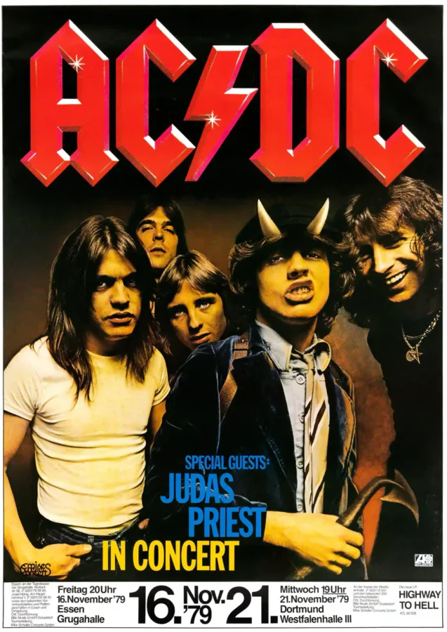 AC/DC, Judas Priest 1979 Essen, Germany Concert Poster featuring black, white, and red vertical artwork.