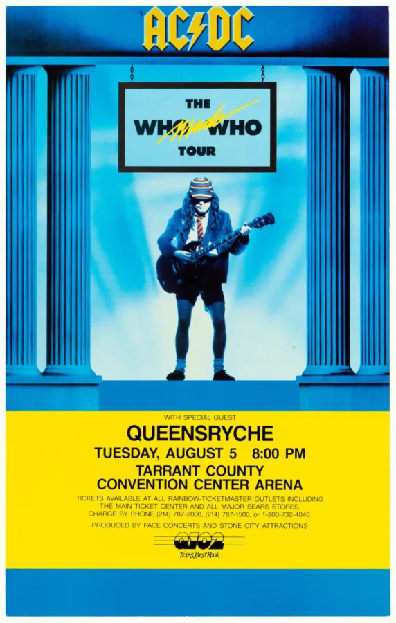 AC/DC, Queensrÿche 1986 Ft. Worth, TX Concert Poster featuring blue, yellow, and white vertical artwork.