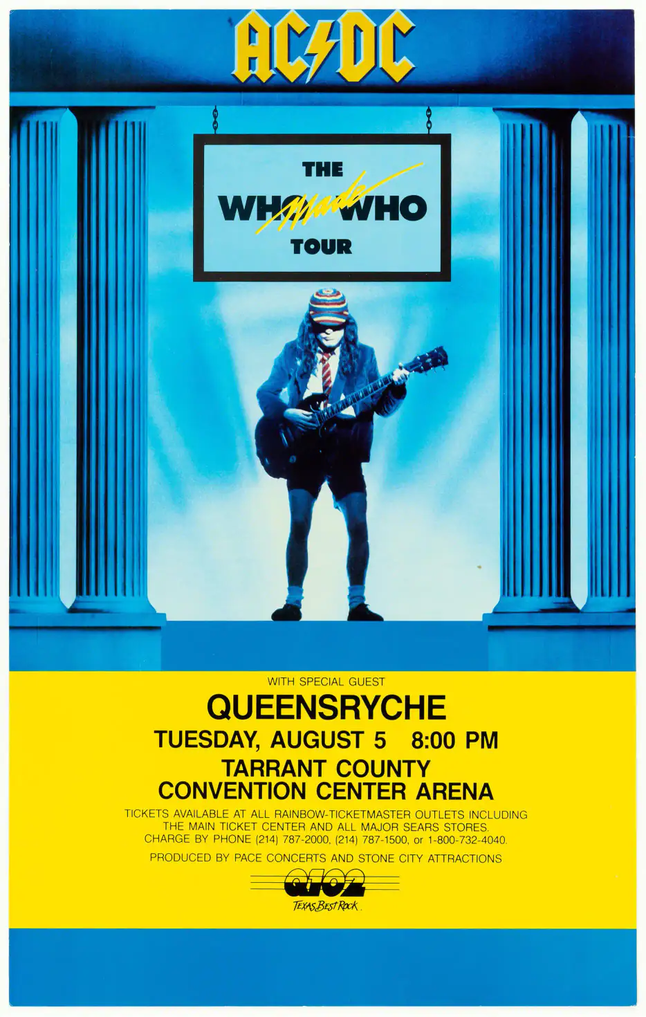 AC/DC, Queensrÿche 1986 Ft. Worth, TX Concert Poster featuring blue, yellow, and white vertical artwork.