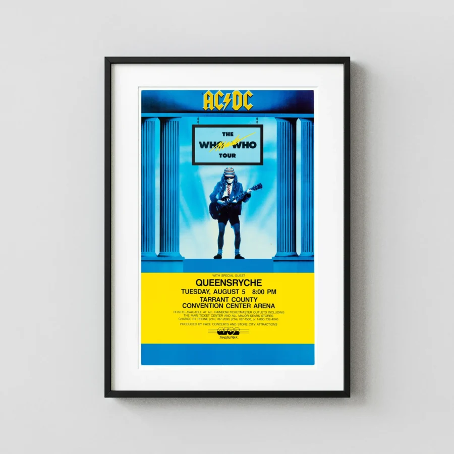 AC/DC, Queensrÿche 1986 Ft. Worth, TX Concert Poster featuring blue, yellow, and white vertical artwork.