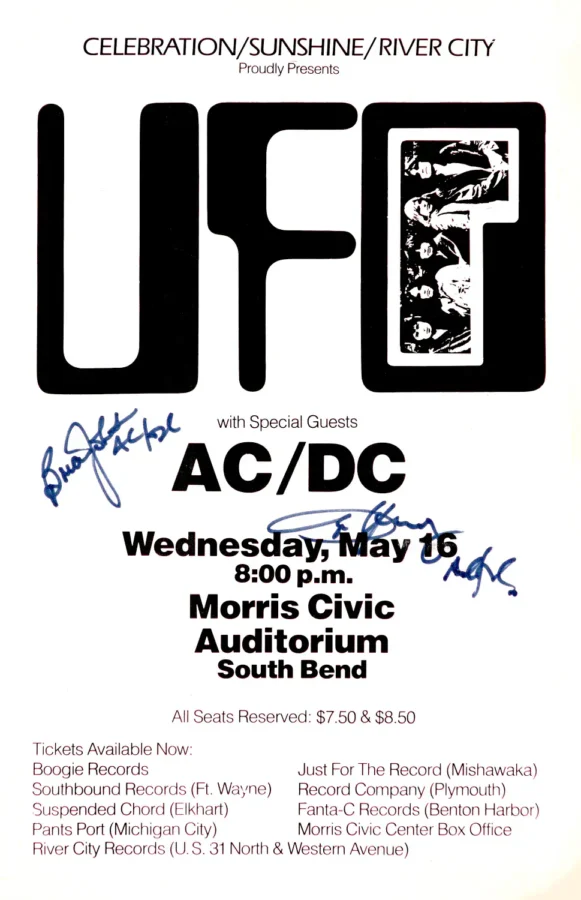AC/DC, UFO 1979 South Bend, IN Concert Poster featuring white, black, and light gray vertical artwork.