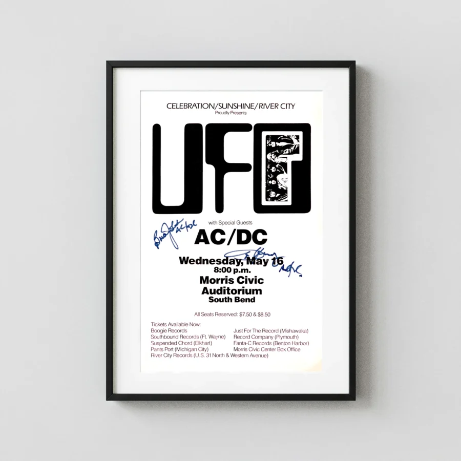 AC/DC, UFO 1979 South Bend, IN Concert Poster featuring white, black, and light gray vertical artwork.