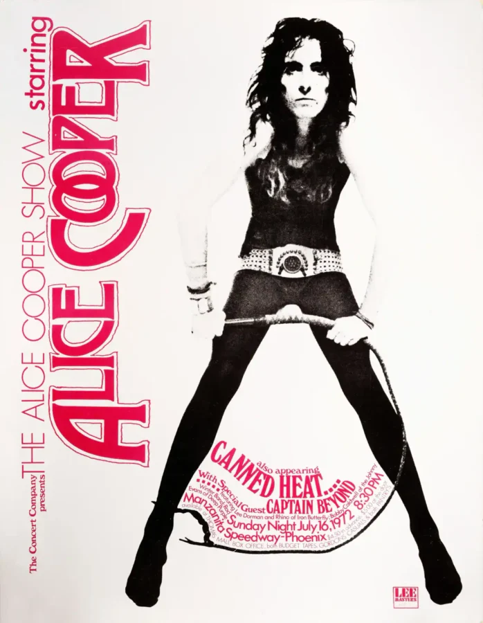 Alice Cooper, Canned Heat 1972 Phoenix, AZ Concert Poster featuring white, black, and rose vertical artwork.