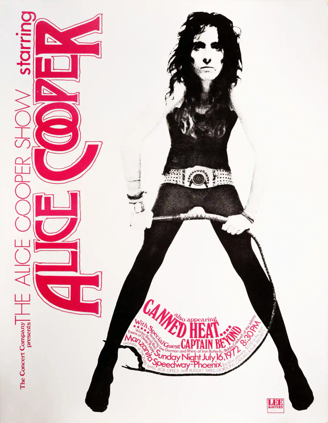Alice Cooper, Canned Heat 1972 Phoenix, AZ Concert Poster featuring white, black, and rose vertical artwork.
