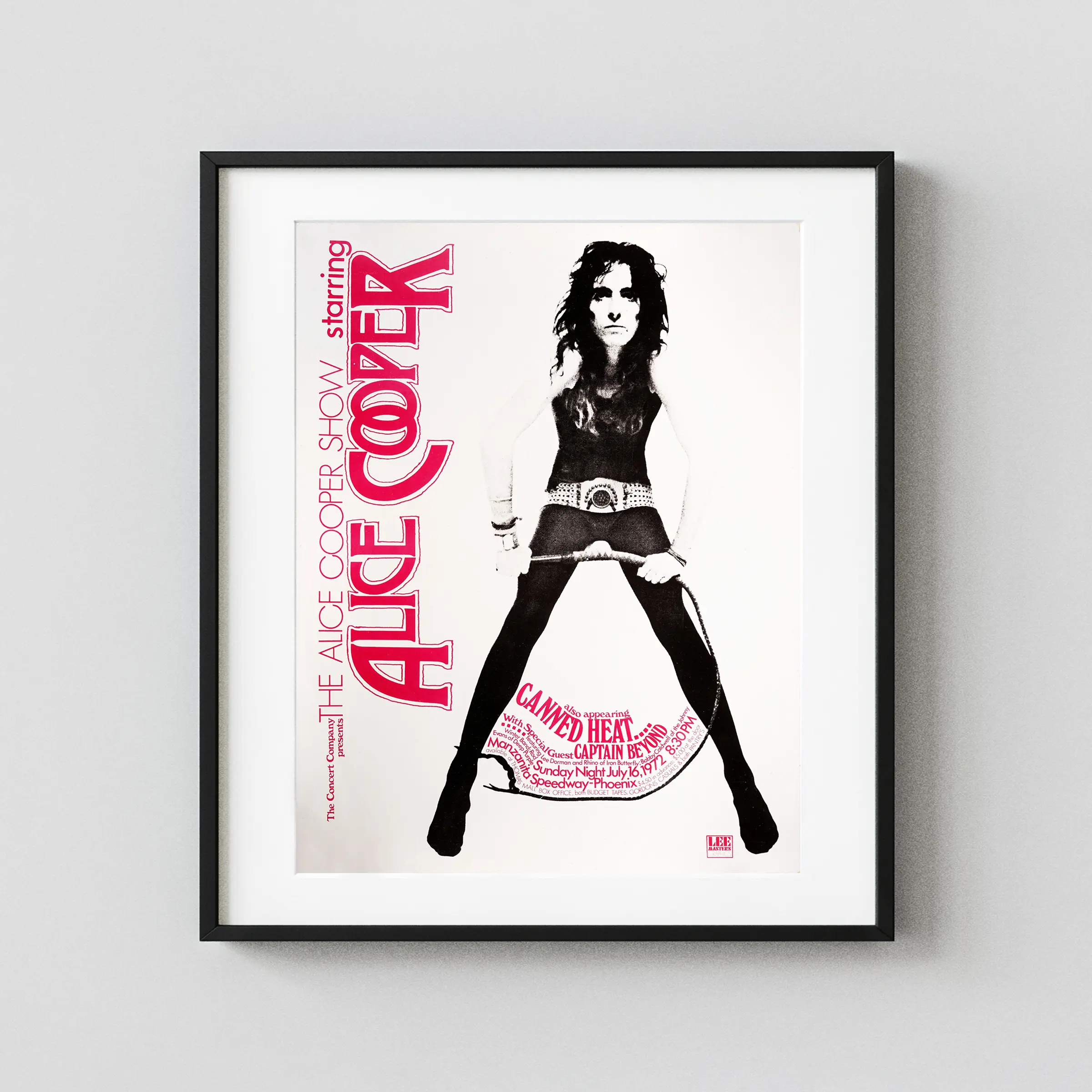 Alice Cooper, Canned Heat 1972 Phoenix, AZ Concert Poster featuring white, black, and rose vertical artwork.