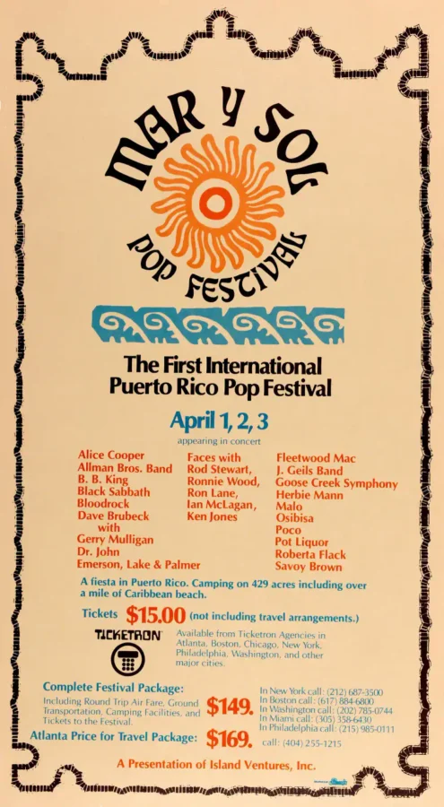Allman Brothers, Black Sabbath, Rod Stewart, Faces 1972 Mar Y Sol Poster featuring orange, red, and gray vertical artwork.