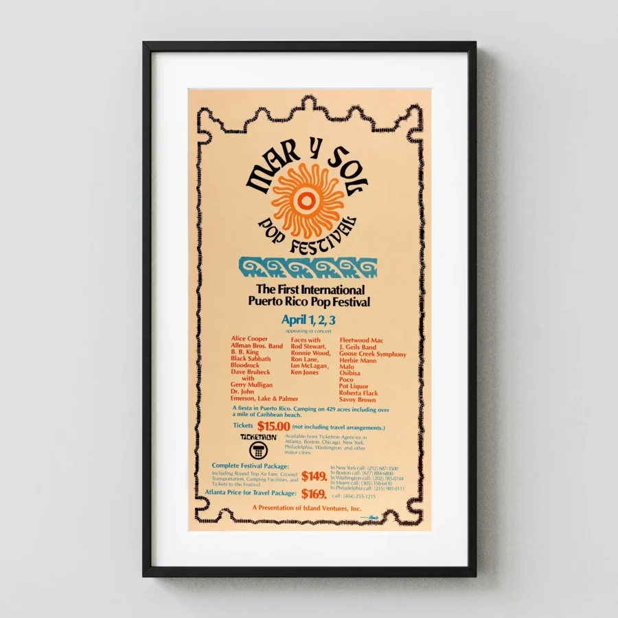 Allman Brothers, Black Sabbath, Rod Stewart, Faces 1972 Mar Y Sol Poster featuring orange, red, and gray vertical artwork.