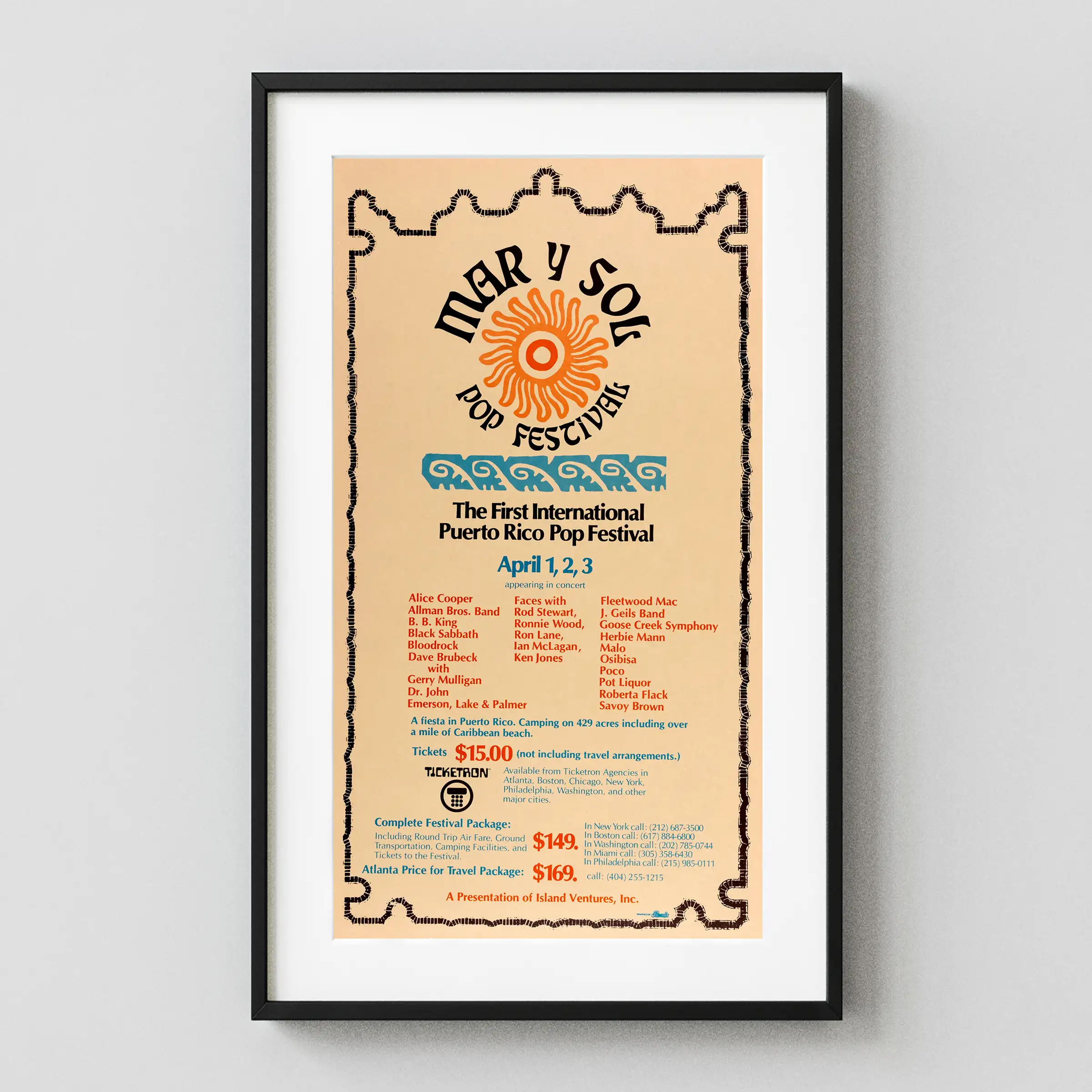 Allman Brothers, Black Sabbath, Rod Stewart, Faces 1972 Mar Y Sol Poster featuring orange, red, and gray vertical artwork.
