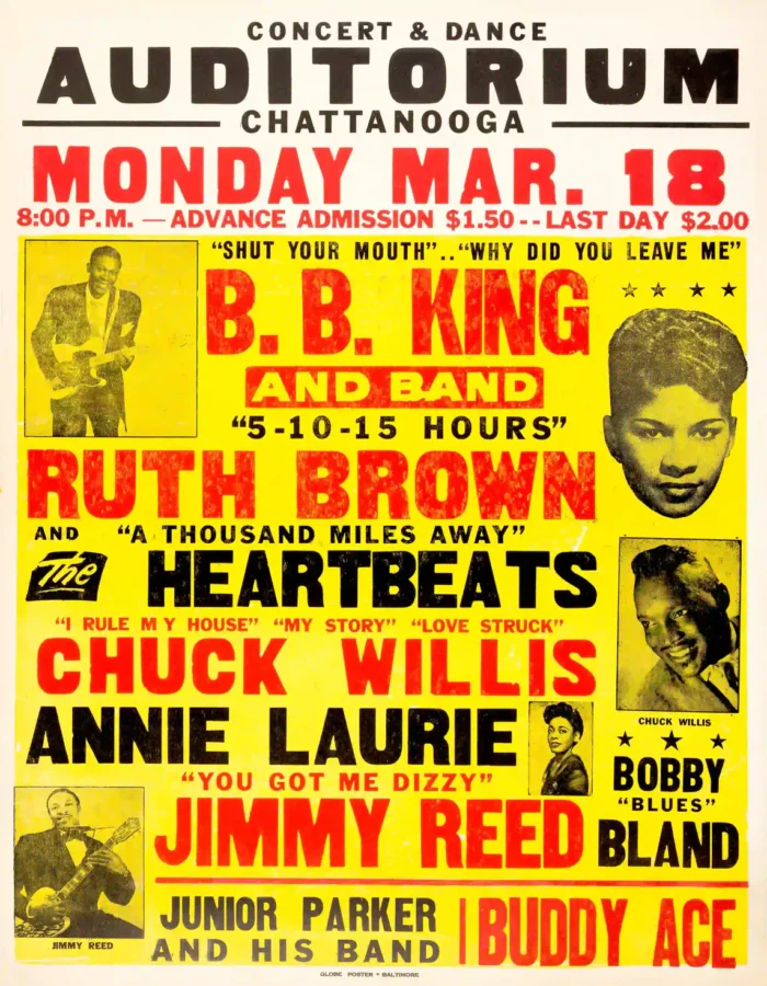 BB King, Ruth Brown Chattanooga Auditorium Large Concert Poster (1957) featuring cream, yellow, and orange vertical artwork.