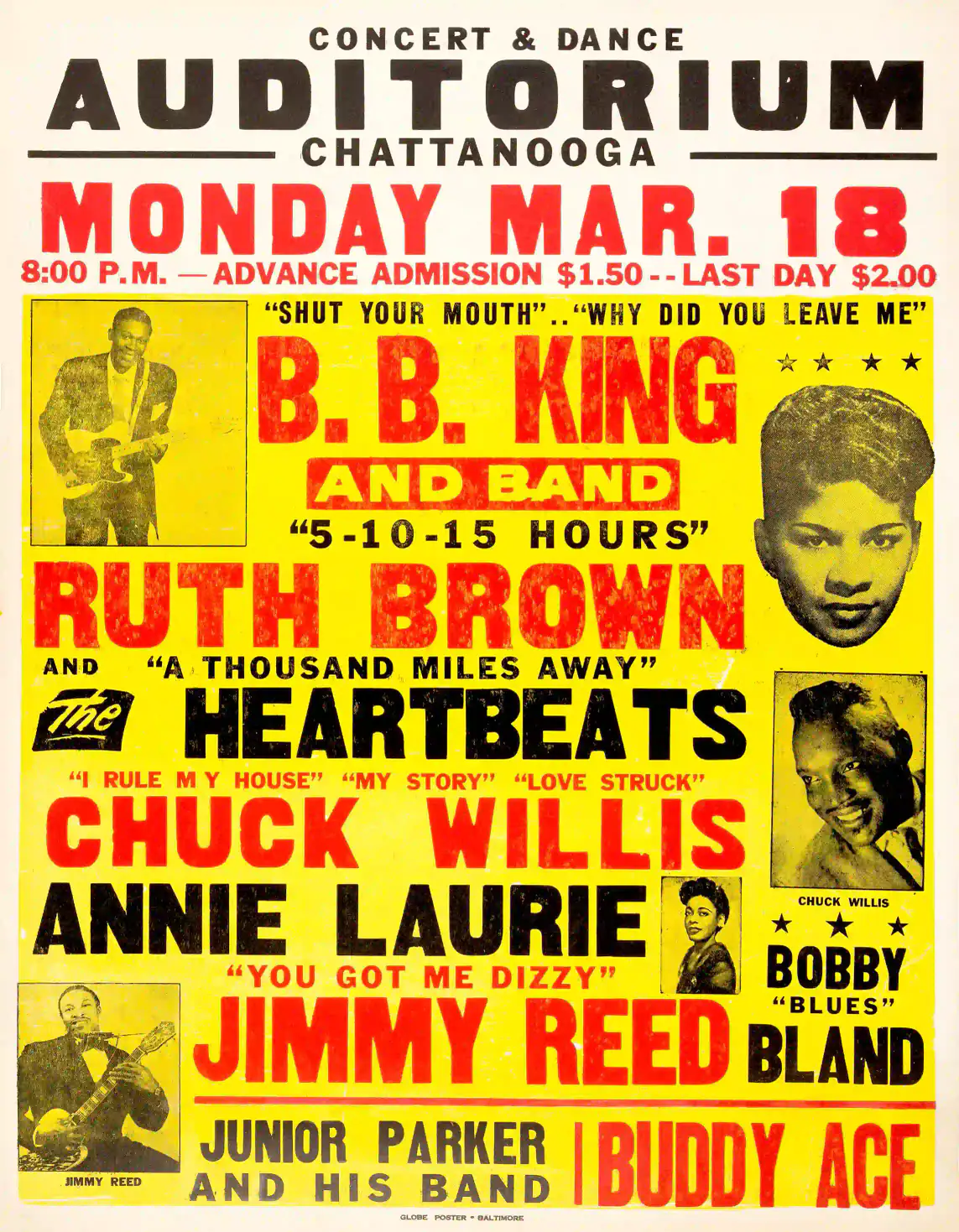 BB King, Ruth Brown Chattanooga Auditorium Large Concert Poster (1957) featuring cream, yellow, and orange vertical artwork.
